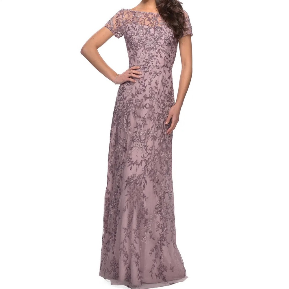 La Femme Dusty Lilac Lace Gown Size 10 New $508
